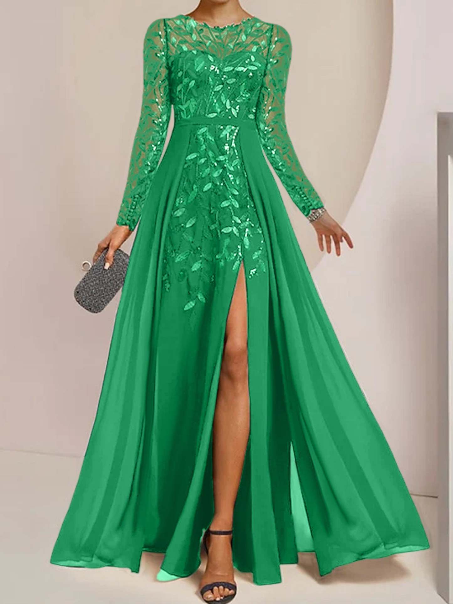 Floor-Length Mother of the Bride A-Line Dress with Scoop Neck Long Sleeves Side Split Ruffles and Sequins-BMbridal