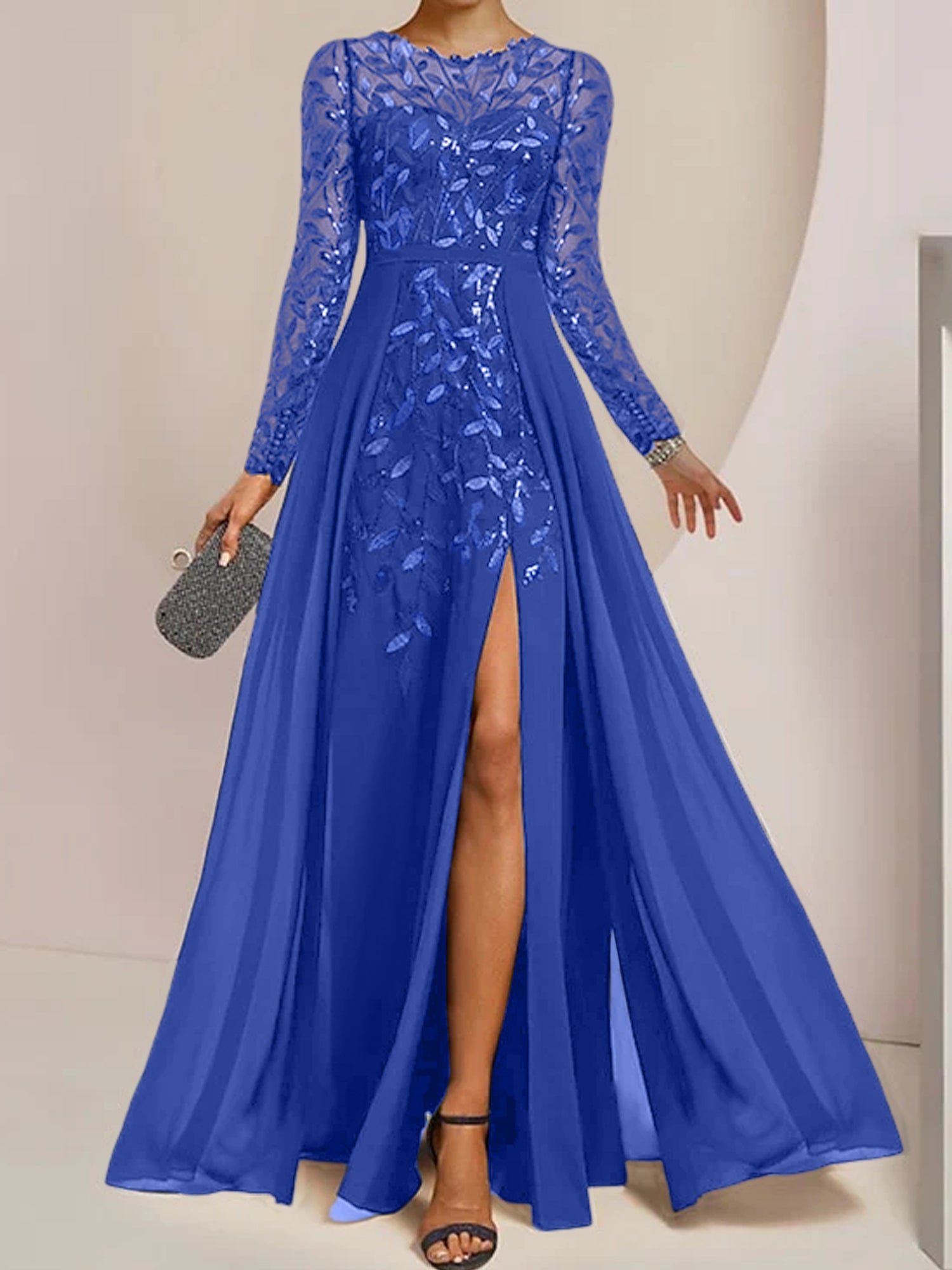 Floor-Length Mother of the Bride A-Line Dress with Scoop Neck Long Sleeves Side Split Ruffles and Sequins-BMbridal