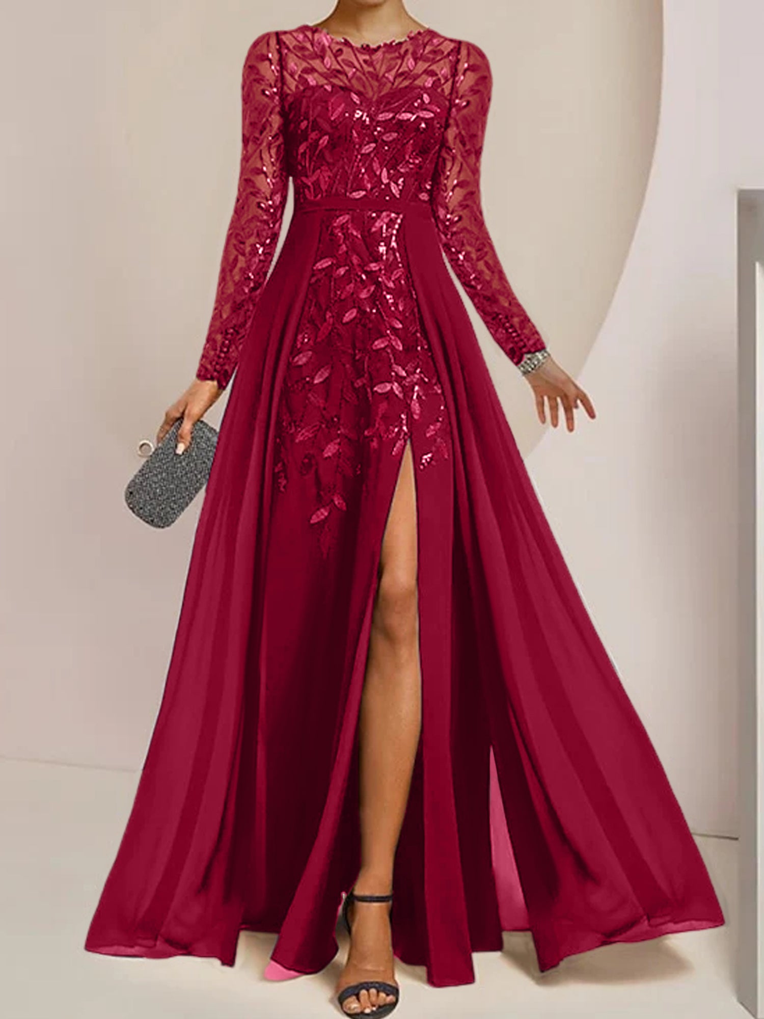 Floor-Length Mother of the Bride A-Line Dress with Scoop Neck Long Sleeves Side Split Ruffles and Sequins-BMbridal