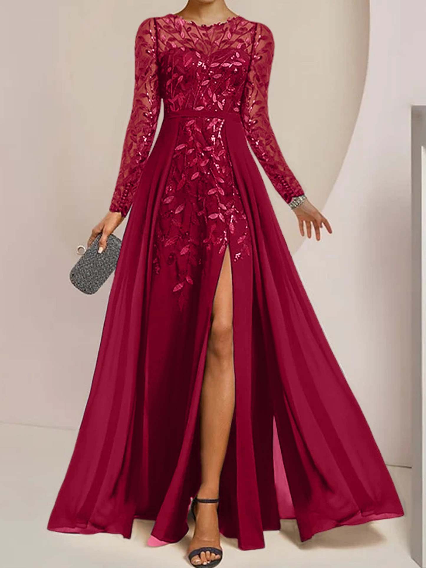 Floor-Length Mother of the Bride A-Line Dress with Scoop Neck Long Sleeves Side Split Ruffles and Sequins-BMbridal