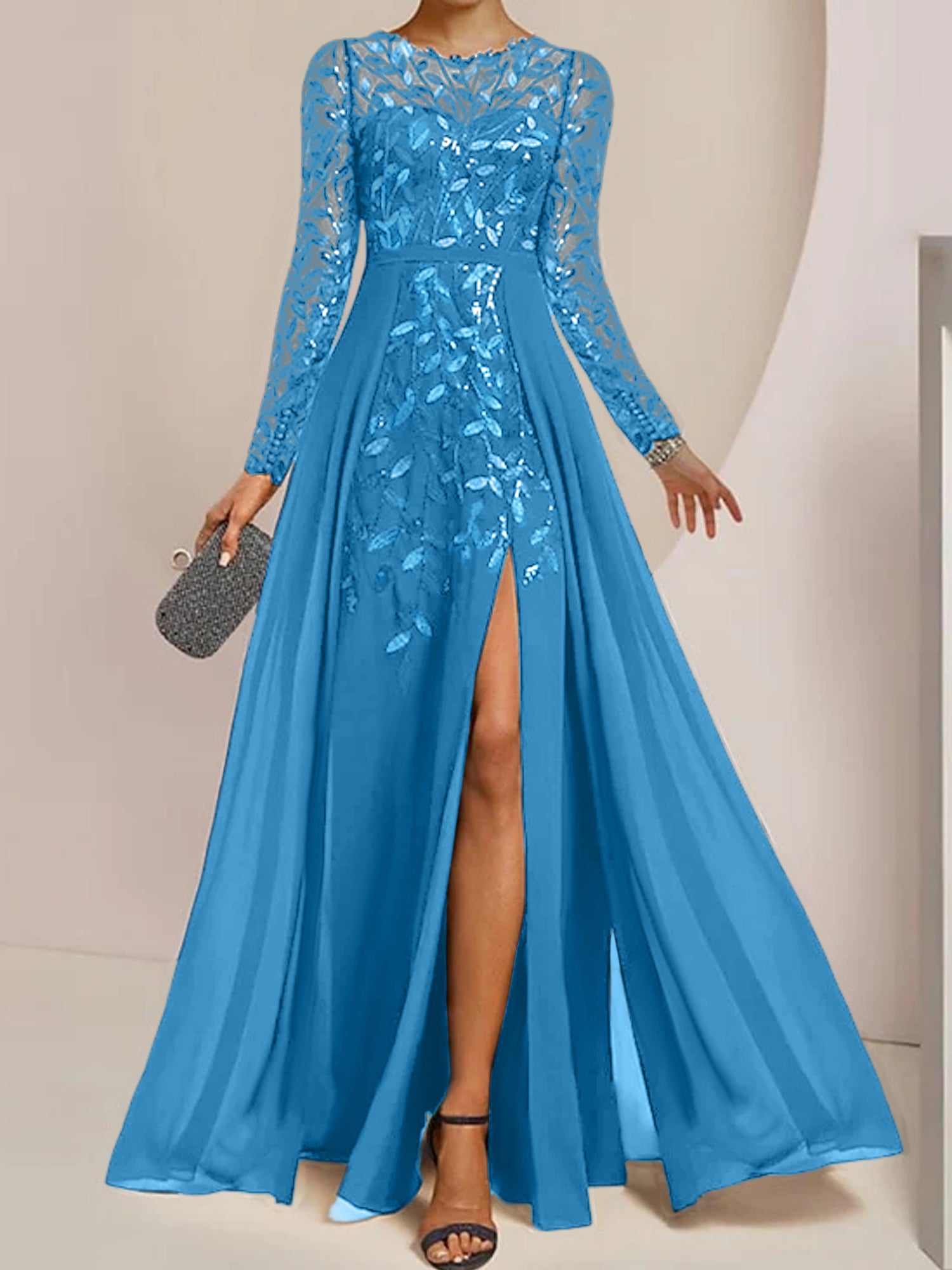 Floor-Length Mother of the Bride A-Line Dress with Scoop Neck Long Sleeves Side Split Ruffles and Sequins-BMbridal