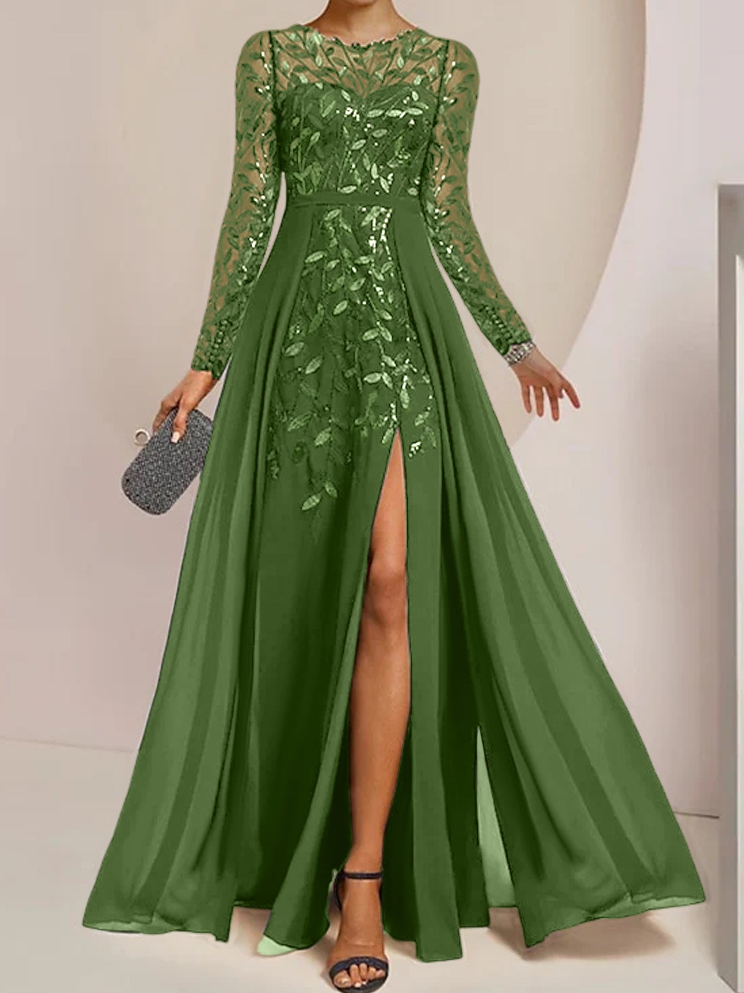 Floor-Length Mother of the Bride A-Line Dress with Scoop Neck Long Sleeves Side Split Ruffles and Sequins-BMbridal