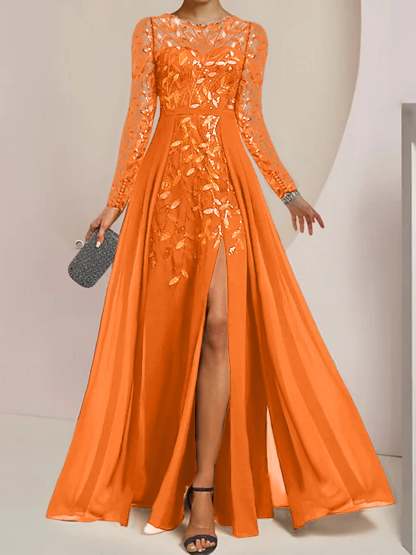 Floor-Length Mother of the Bride A-Line Dress with Scoop Neck Long Sleeves Side Split Ruffles and Sequins-BMbridal