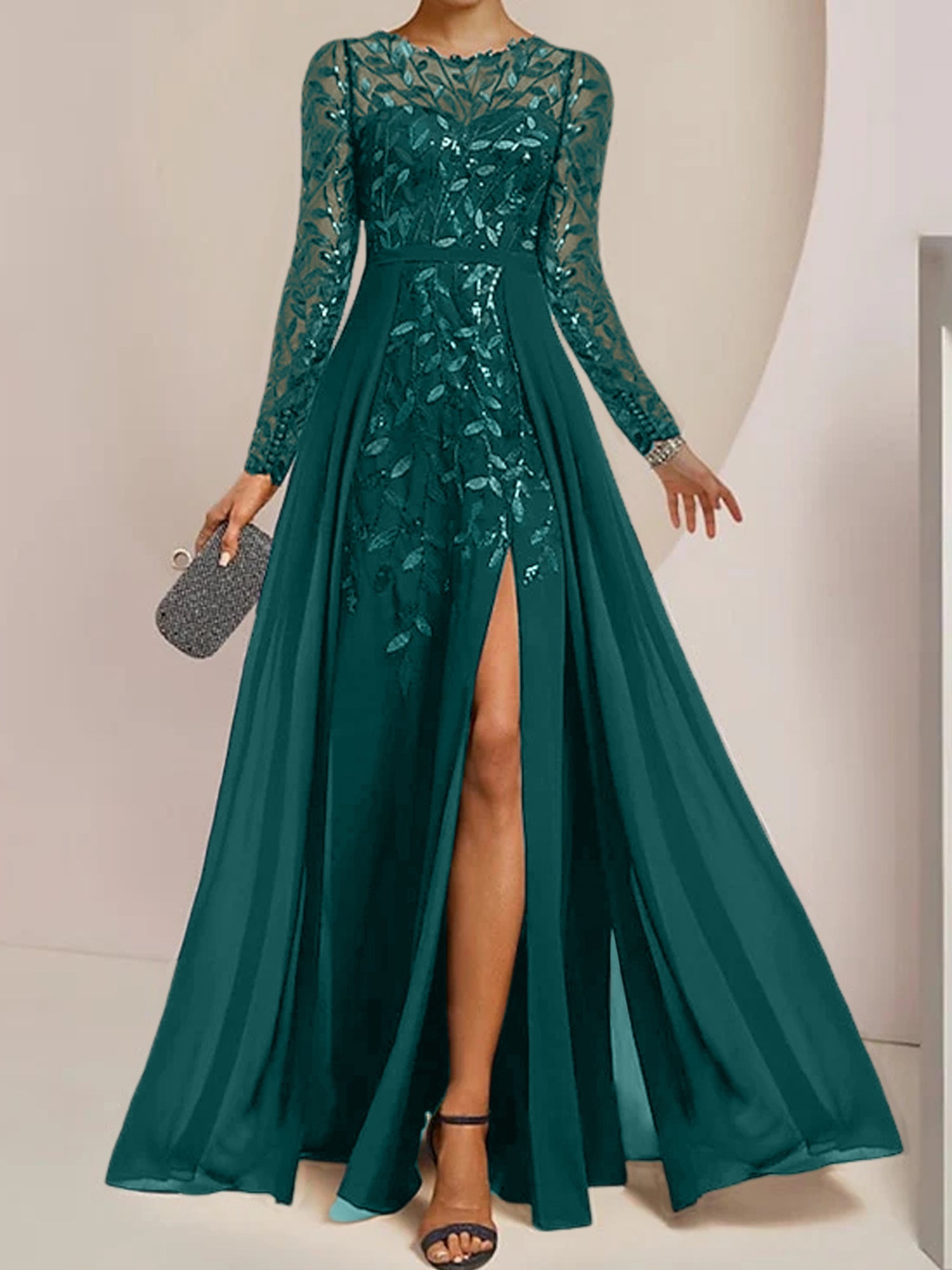 Floor-Length Mother of the Bride A-Line Dress with Scoop Neck Long Sleeves Side Split Ruffles and Sequins-BMbridal