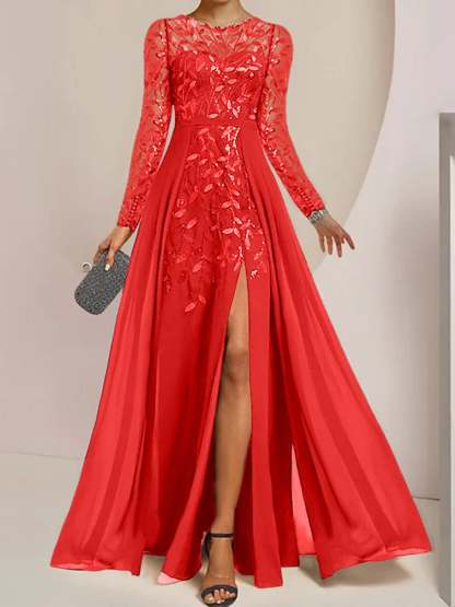 Floor-Length Mother of the Bride A-Line Dress with Scoop Neck Long Sleeves Side Split Ruffles and Sequins-BMbridal