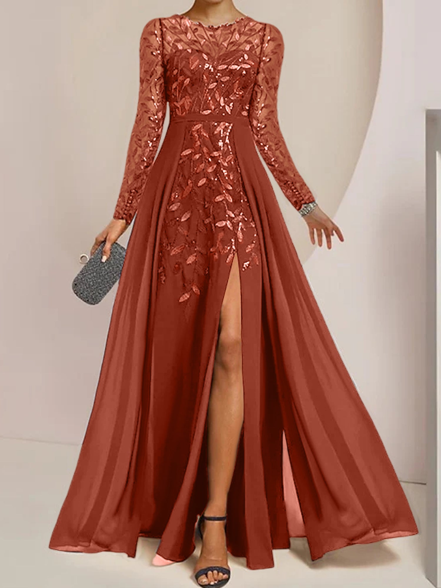 Floor-Length Mother of the Bride A-Line Dress with Scoop Neck Long Sleeves Side Split Ruffles and Sequins-BMbridal