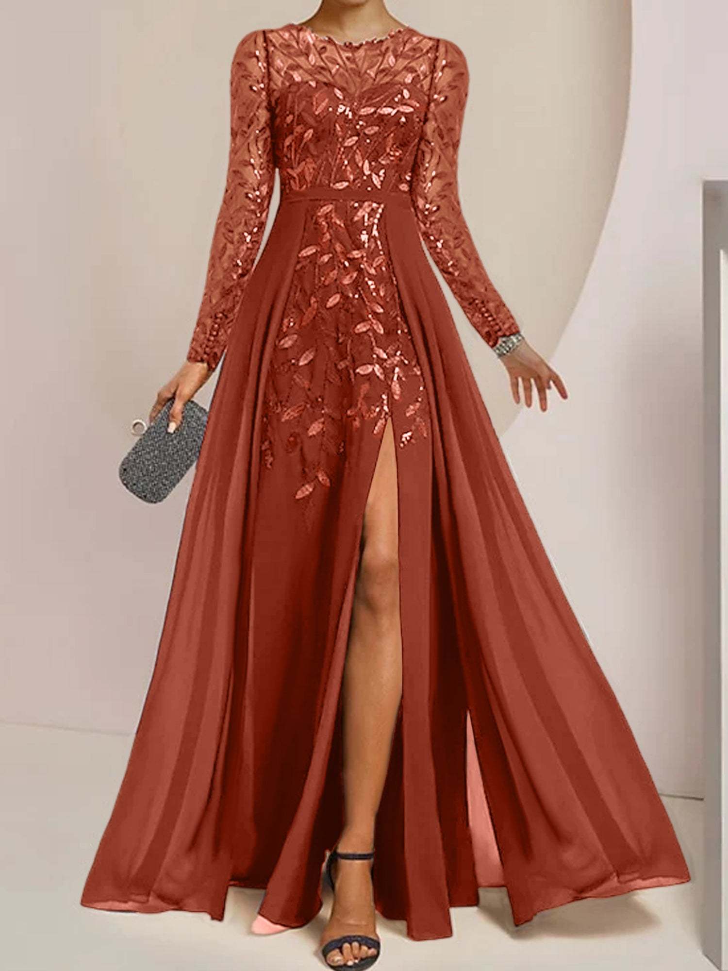 Floor-Length Mother of the Bride A-Line Dress with Scoop Neck Long Sleeves Side Split Ruffles and Sequins-BMbridal