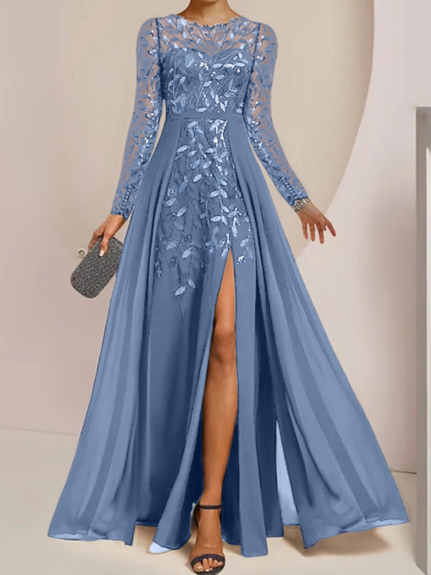 Floor-Length Mother of the Bride A-Line Dress with Scoop Neck Long Sleeves Side Split Ruffles and Sequins-BMbridal