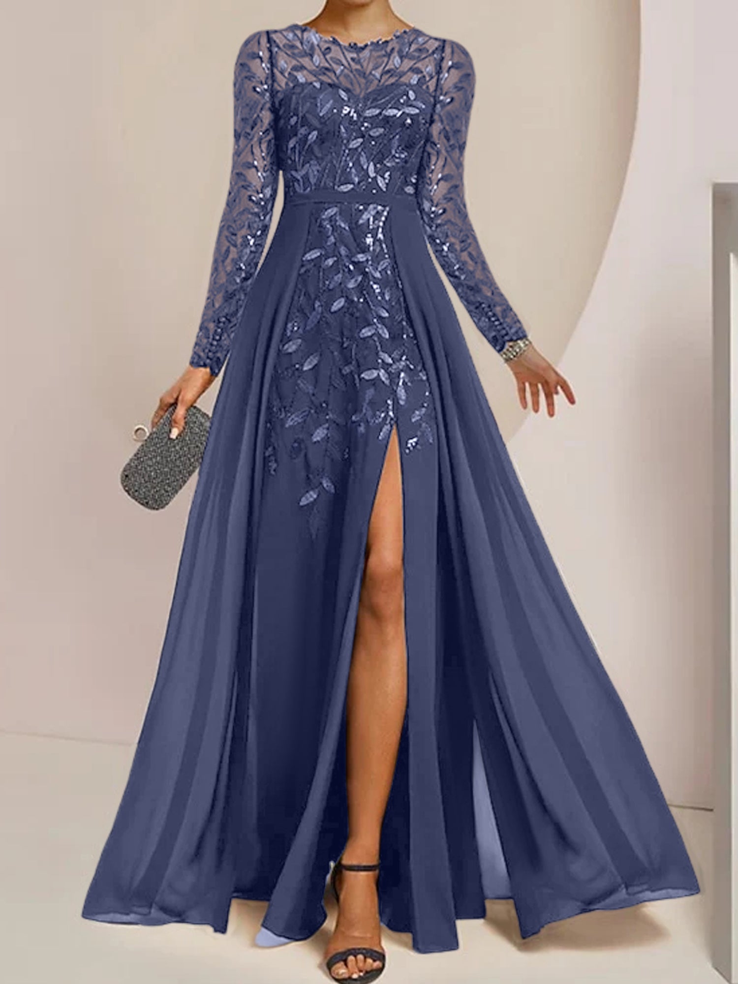 Floor-Length Mother of the Bride A-Line Dress with Scoop Neck Long Sleeves Side Split Ruffles and Sequins-BMbridal