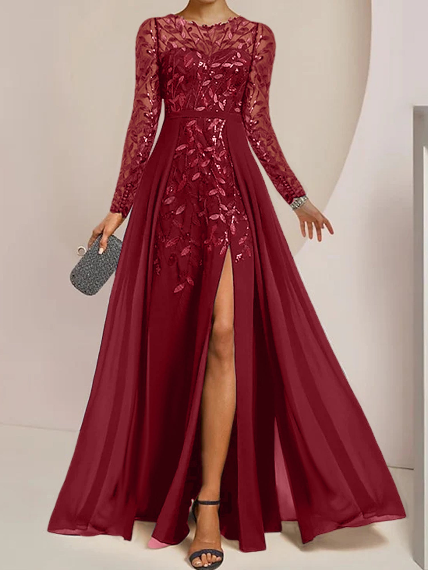 Floor-Length Mother of the Bride A-Line Dress with Scoop Neck Long Sleeves Side Split Ruffles and Sequins-BMbridal