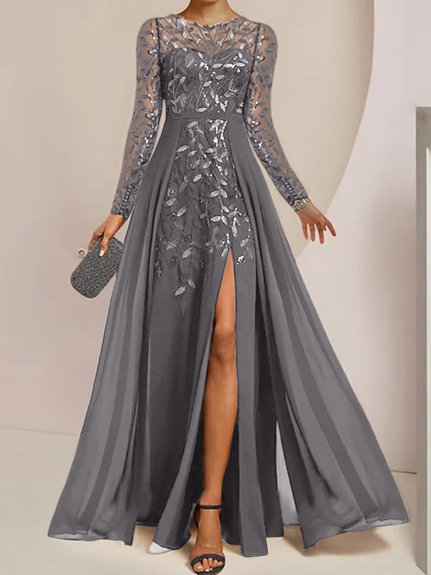 Floor-Length Mother of the Bride A-Line Dress with Scoop Neck Long Sleeves Side Split Ruffles and Sequins-BMbridal