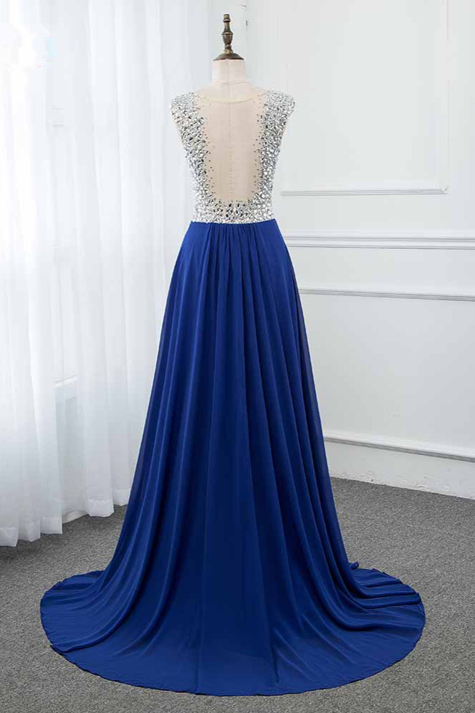 BMbridal Sparkly Chffon V-Neck Front Slit Royal Blue Prom Dresses with Beading Top