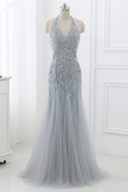 BMbridal Elegant Tulle Halter Rhinestones Mermaid Prom Dresses Sleeveless Appliques Online