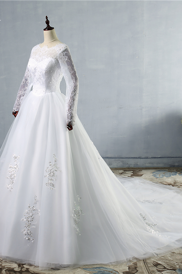 BMbridal Elegant Jewel Tulle Lace Wedding Dress Long Sleeves Appliques Sequins Bridal Gowns On Sale