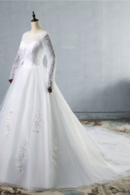 BMbridal Elegant Jewel Tulle Lace Wedding Dress Long Sleeves Appliques Sequins Bridal Gowns On Sale