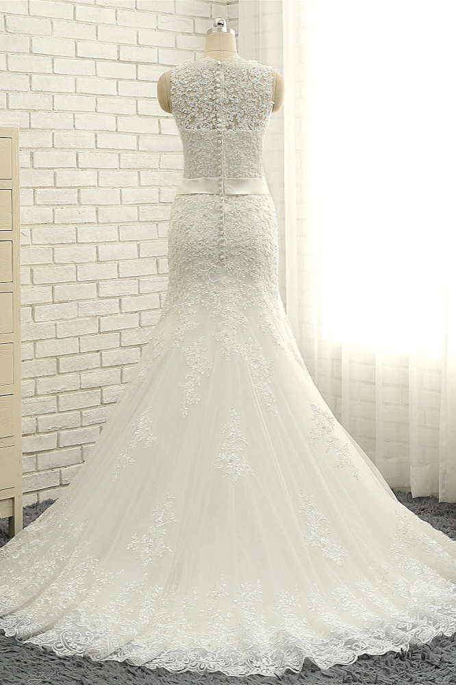 BMbridal Stylish Jewel Sleeveless Mermaid Wedding Dresses White Lace Bridal Gowns With Appliques On Sale-BMbridal
