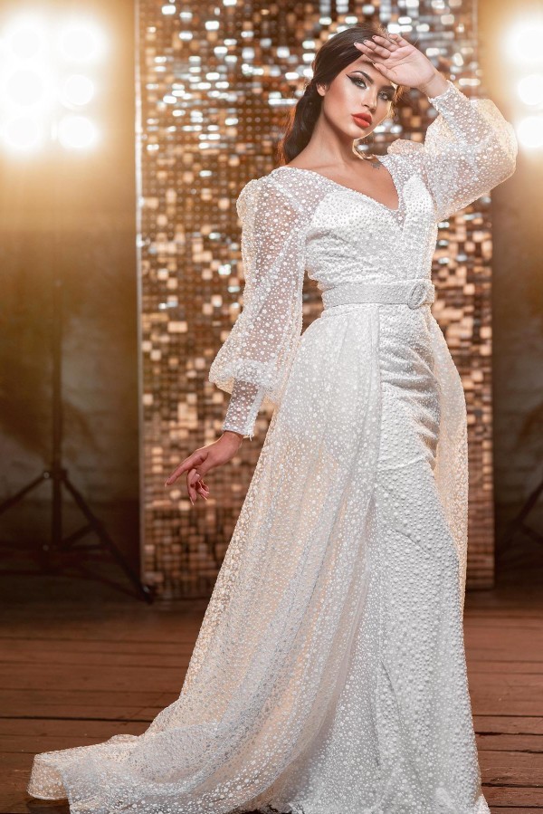 Bmbridal Short Sleeves Mermaid Slit Wedding Dress With Detachable Skirt-BMbridal