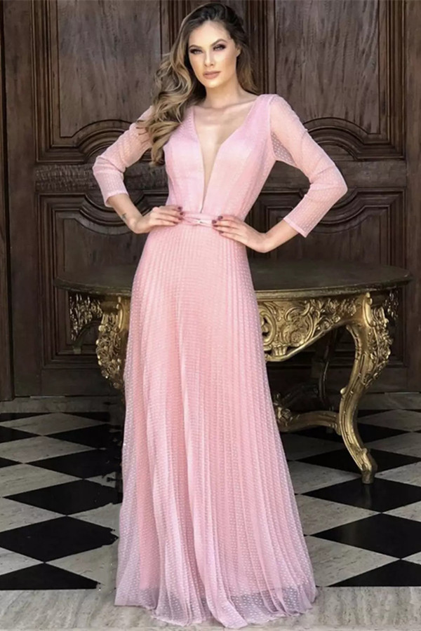 BMbridal Pink Long Sleeves Prom Dress Tulle Long Holiday Party Dress