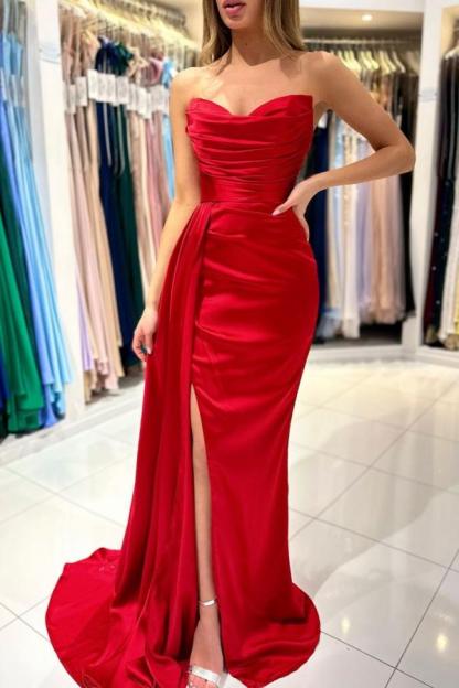 Bmbridal Red Strapless Prom Dress Mermaid Slit With Pleats
