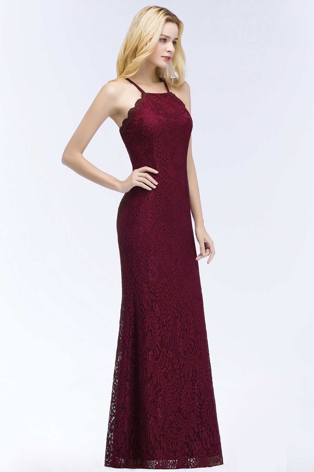 BMbridal Sexy Mermaid Lace Long Burgundy Bridesmaid Dresses with Crisscross Back-BMbridal