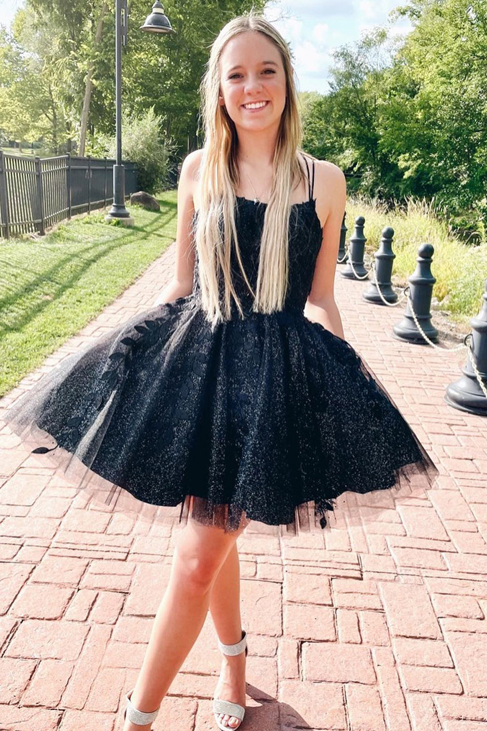 Glitter Black A-Line Tulle Short Homecoming Dress with Lace-BMbridal