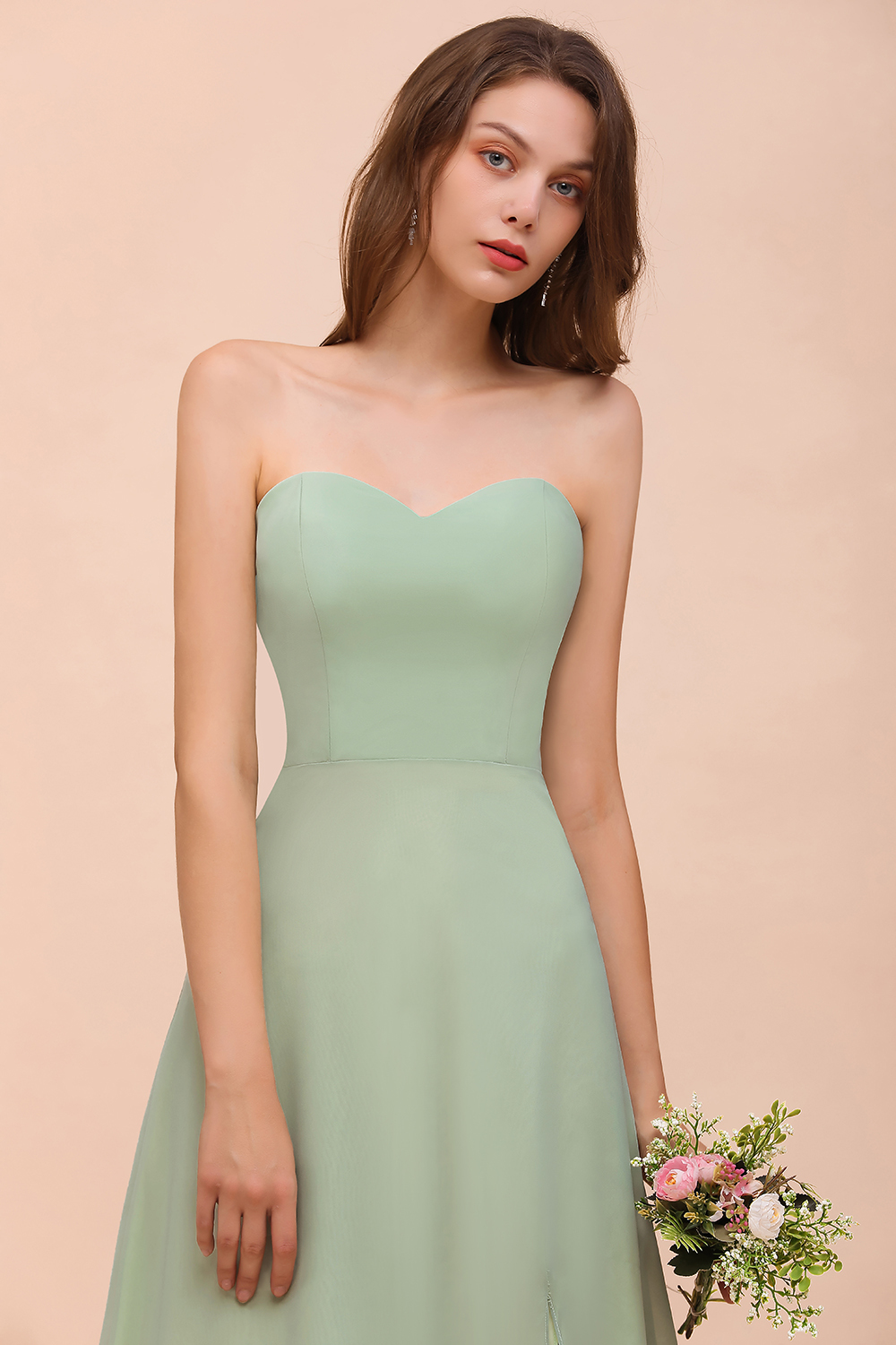 BMbridal Affordable Strapless Front Slit Long Dusty Sage Bridesmaid Dress-BMbridal
