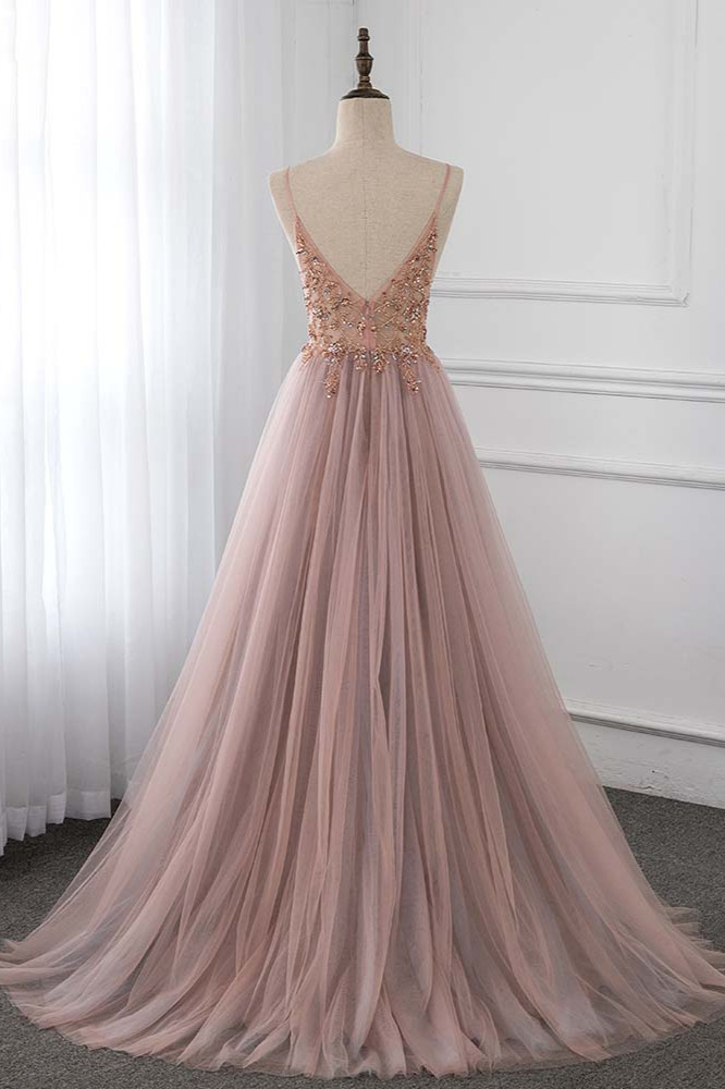 BMbridal Elegant Tulle Spaghetti Straps Appliques Prom Dresses with Front Slit Online