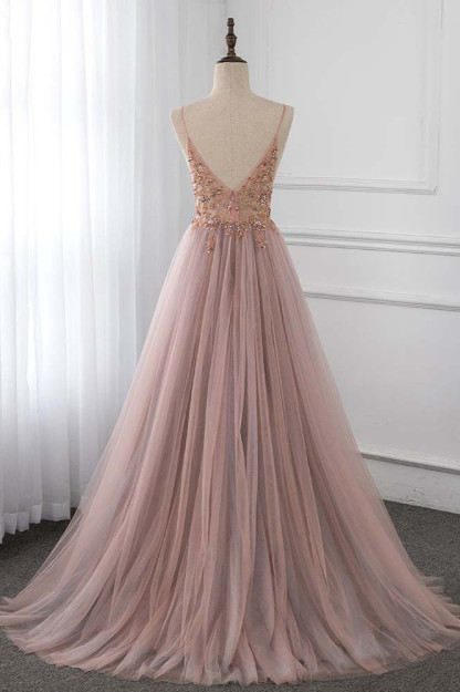 BMbridal Elegant Tulle Spaghetti Straps Appliques Prom Dresses with Front Slit Online