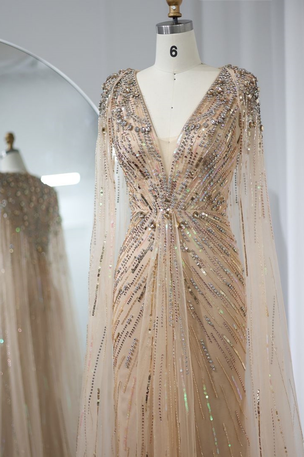 Bmbridal A-Line Gold V-Neck Floor-Length Tulle Prom Dresses with Appliques