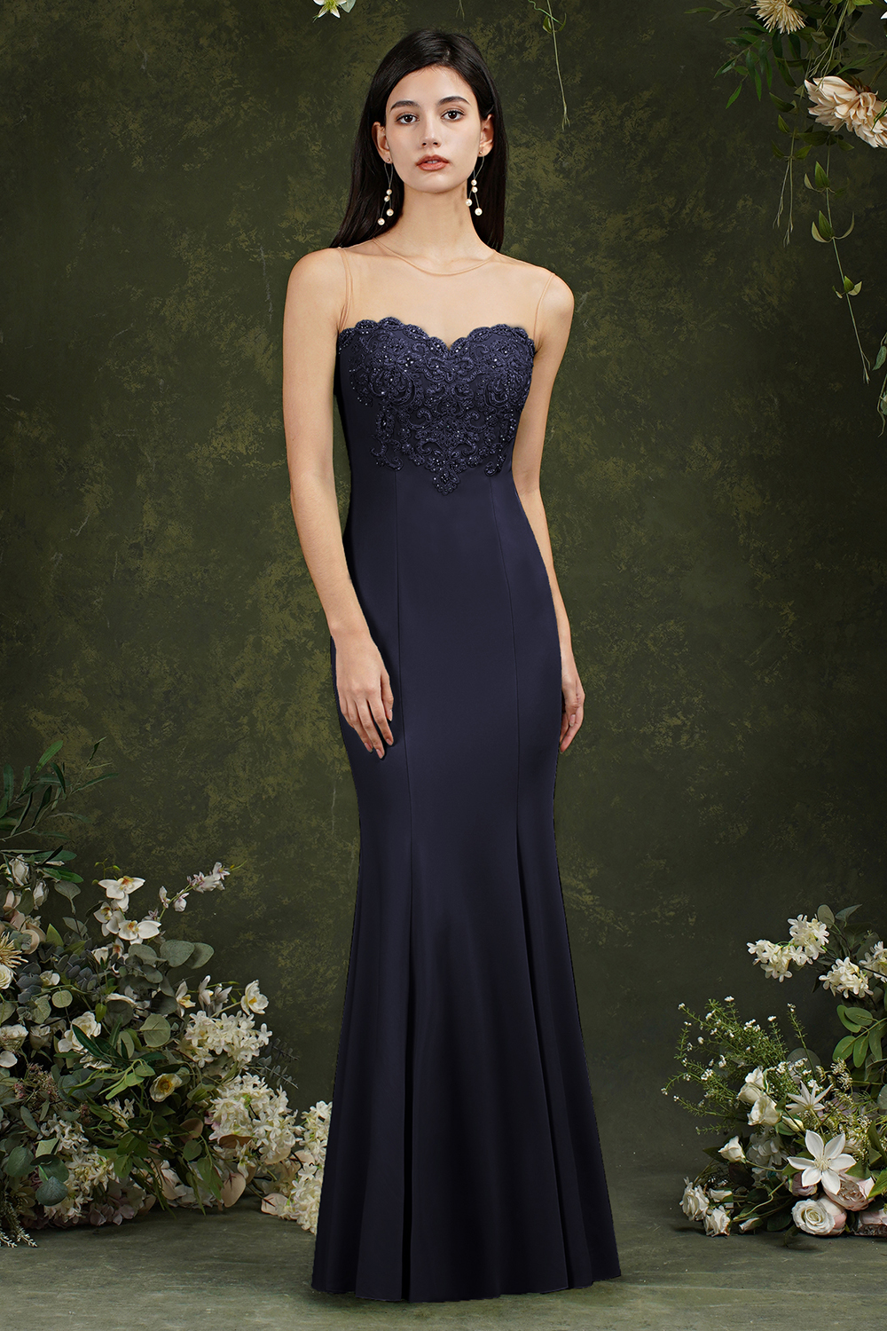 Bmbridal Burgundy Illussion Neck Mermaid Prom Dress Long With Appliques