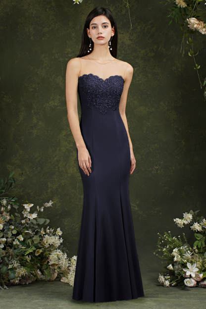 Bmbridal Burgundy Illussion Neck Mermaid Prom Dress Long With Appliques