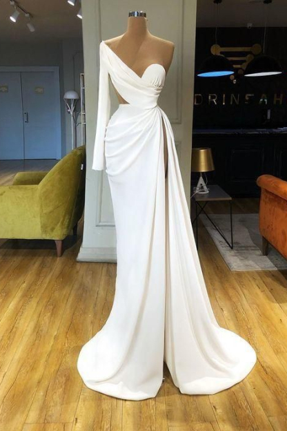 White Long Sleeve Sweetheart Mermaid Prom Dress One Shoulder With Split
