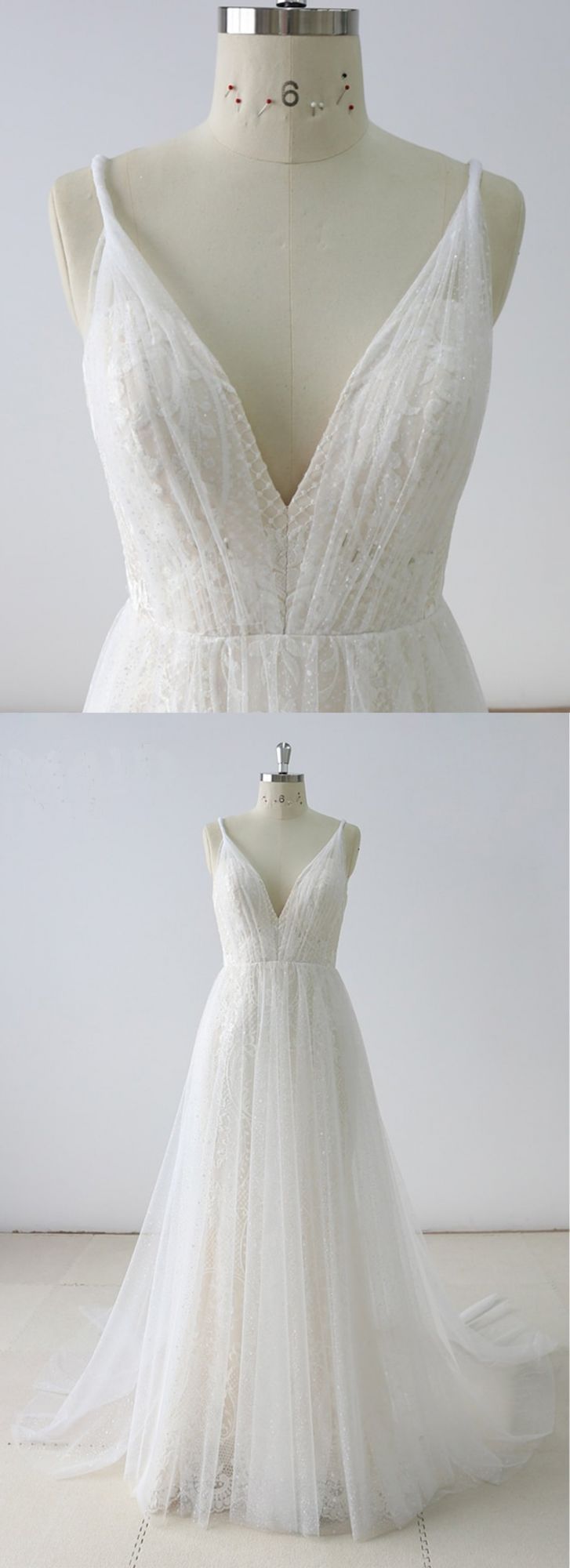 BMbridal Gorgeous Simple White Lace V-Neck Long Wedding Dress Sleeveless Appliques Bridal Gowns On Sale-BMbridal