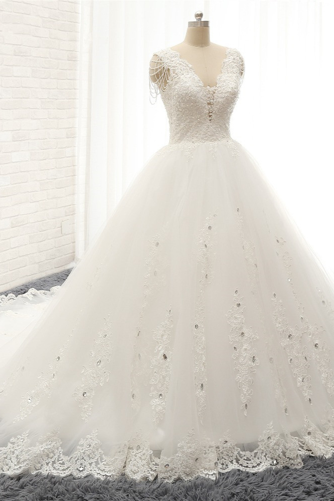 BMbridal Glamorous V neck Straps White Wedding Dresses With Appliques A line Sleeveless Tulle Bridal Gowns Online-BMbridal