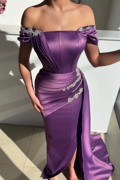 Bmbridal Purple Off-the-Shoulder Prom Dress Mermaid Long With Ruffle