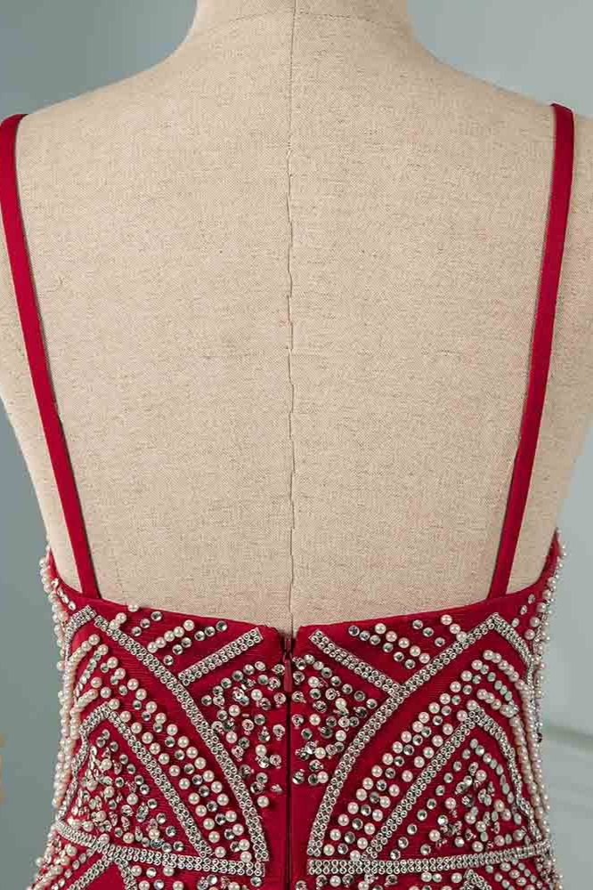 BMbridal Chic Spaghetti Straps Burgundy Mermaid Prom Dresses with Rhinestones
