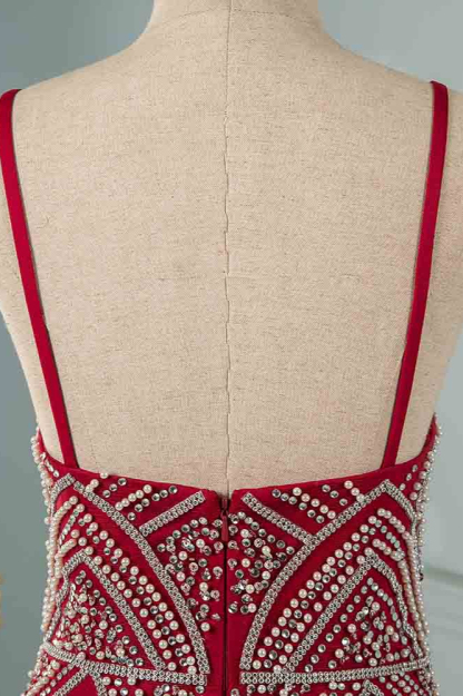 BMbridal Chic Spaghetti Straps Burgundy Mermaid Prom Dresses with Rhinestones