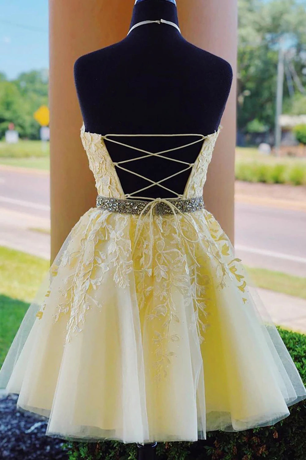 Yellow A Line Halter Backless Homecoming Dress-BMbridal