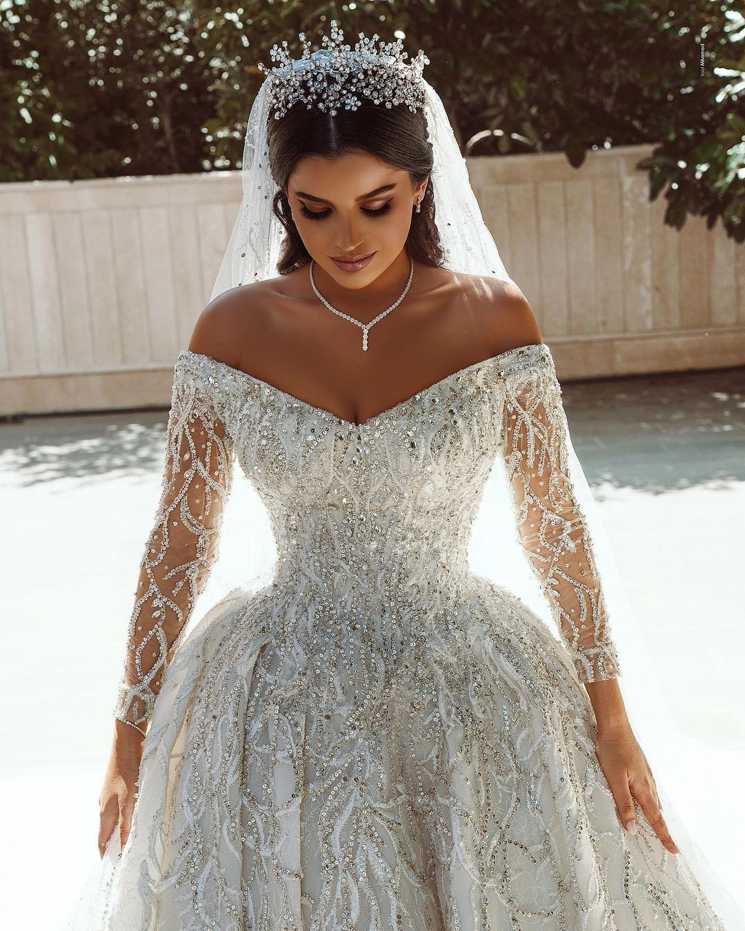 BMbridal Long Sleeves Crystal Wedding Dress Ball Gown Off-the-Shoulder-BMbridal