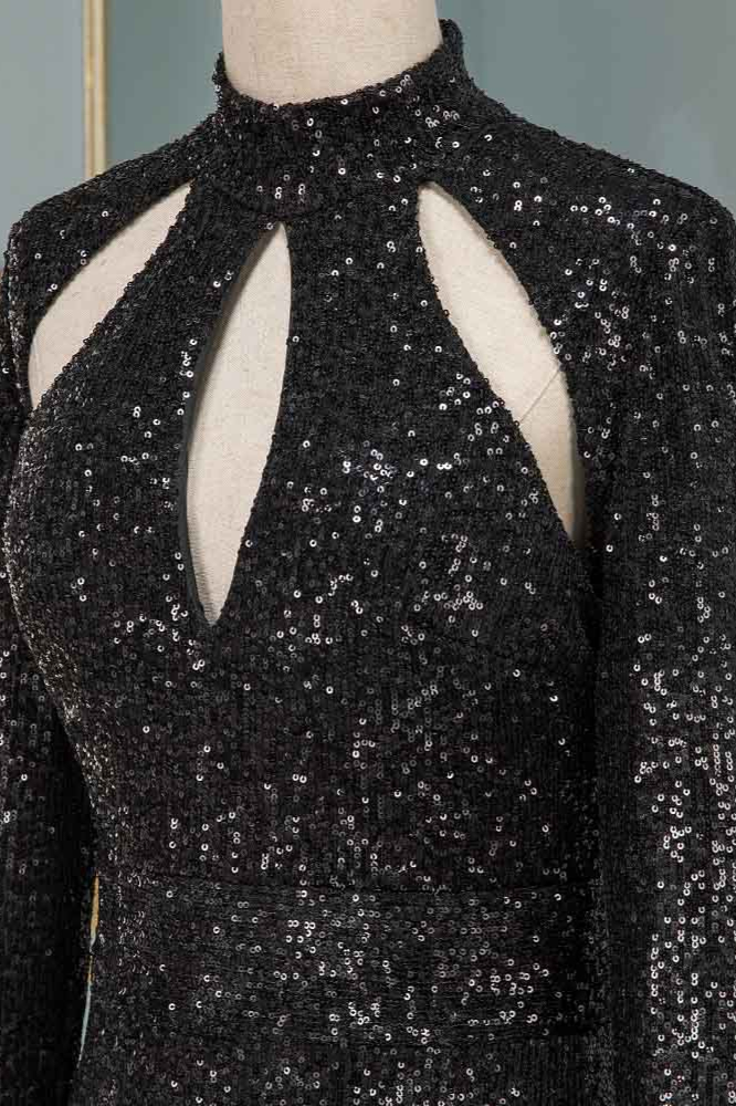 BMbridal Sparkly Sequined High-Neck Black Prom Dresses with Long Sleeves