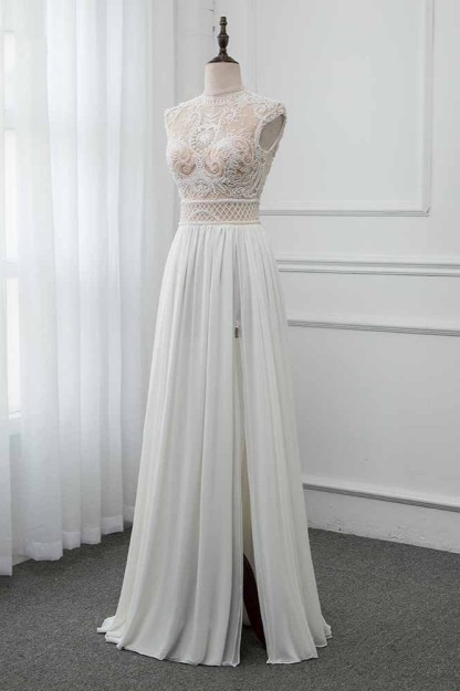 BMbridal Chic Jewel Chiffon Ruffle White Wedding Dresses Lace Top Sleeveless Bridal Gowns with Pearls-BMbridal