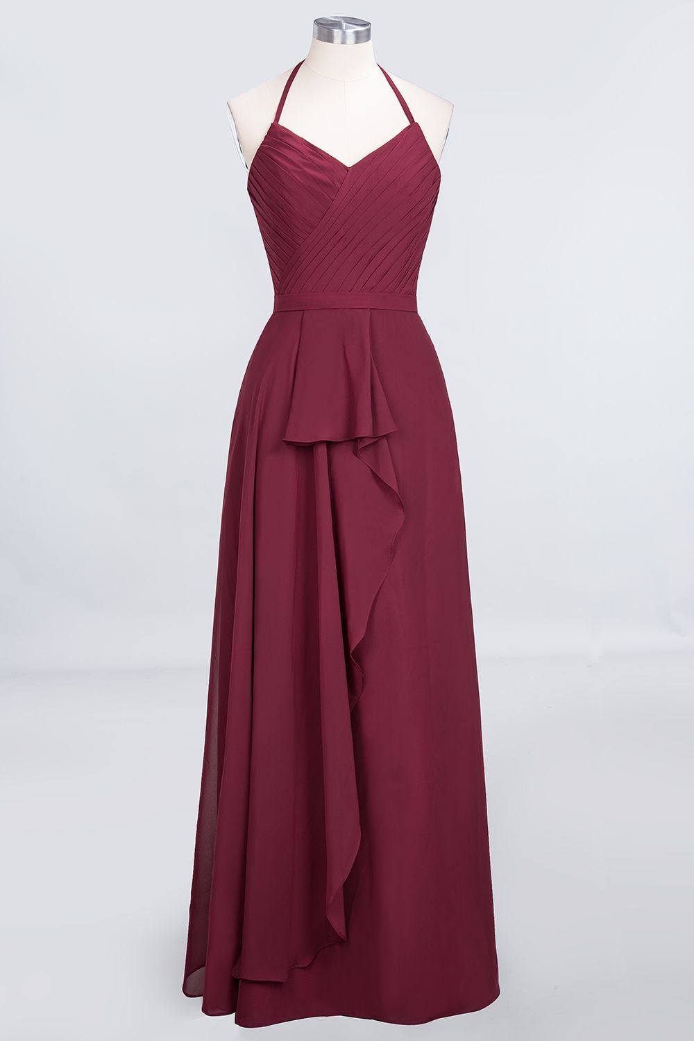 BMbridal Affordable Chiffon Halter V-Neck Ruffle Burgundy Bridesmaid Dresses-BMbridal