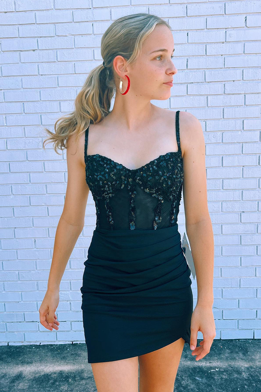 Sparkly Black Corset Satin Tight Short Homecoming Dress with Sequins-BMbridal