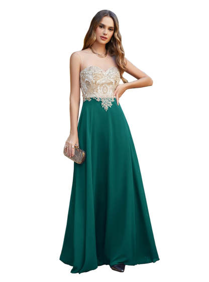 A-line Scoop Chiffon Appliques Floor-Length Dresses Dark Navy-BMbridal