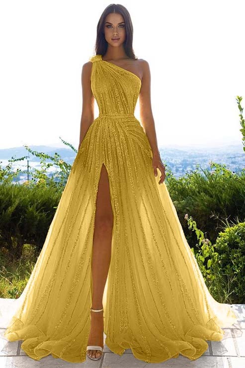Tulle Sequins One Shoulder A Line Long Prom Dress Daffodil With Front Split