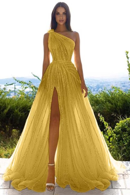 Tulle Sequins One Shoulder A Line Long Prom Dress Daffodil With Front Split