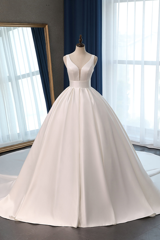 BMbridal Sexy Deep-V-Neck Straps Satin Wedding Dress Ball Gown Ruffles Sleeveless Bridal Gowns Online-BMbridal
