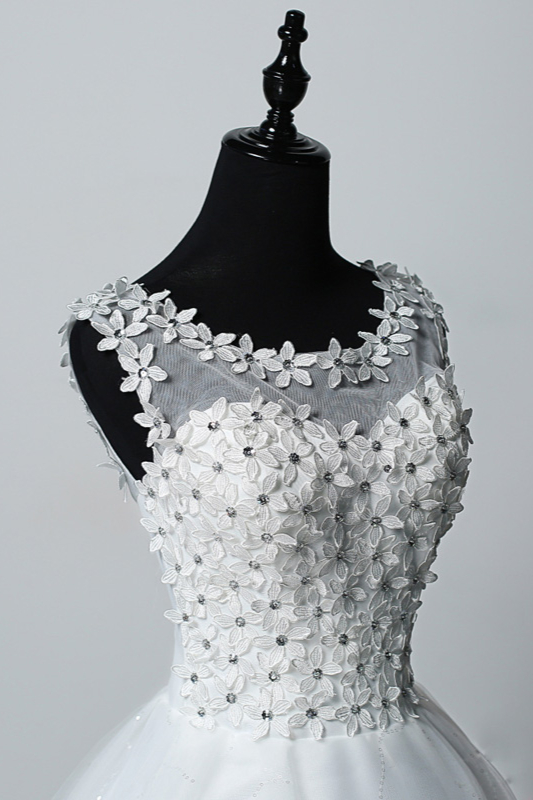 BMbridal Elegant Jewel White Tulle Ball Gown Wedding Dresses Sleeveless Appliques Bridal Gowns with Rhinestones-BMbridal
