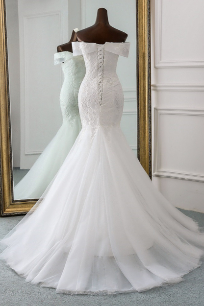 BMbridal Glamorous Tulle Lace Off-the-Shoulder White Mermaid Wedding Dresses Online