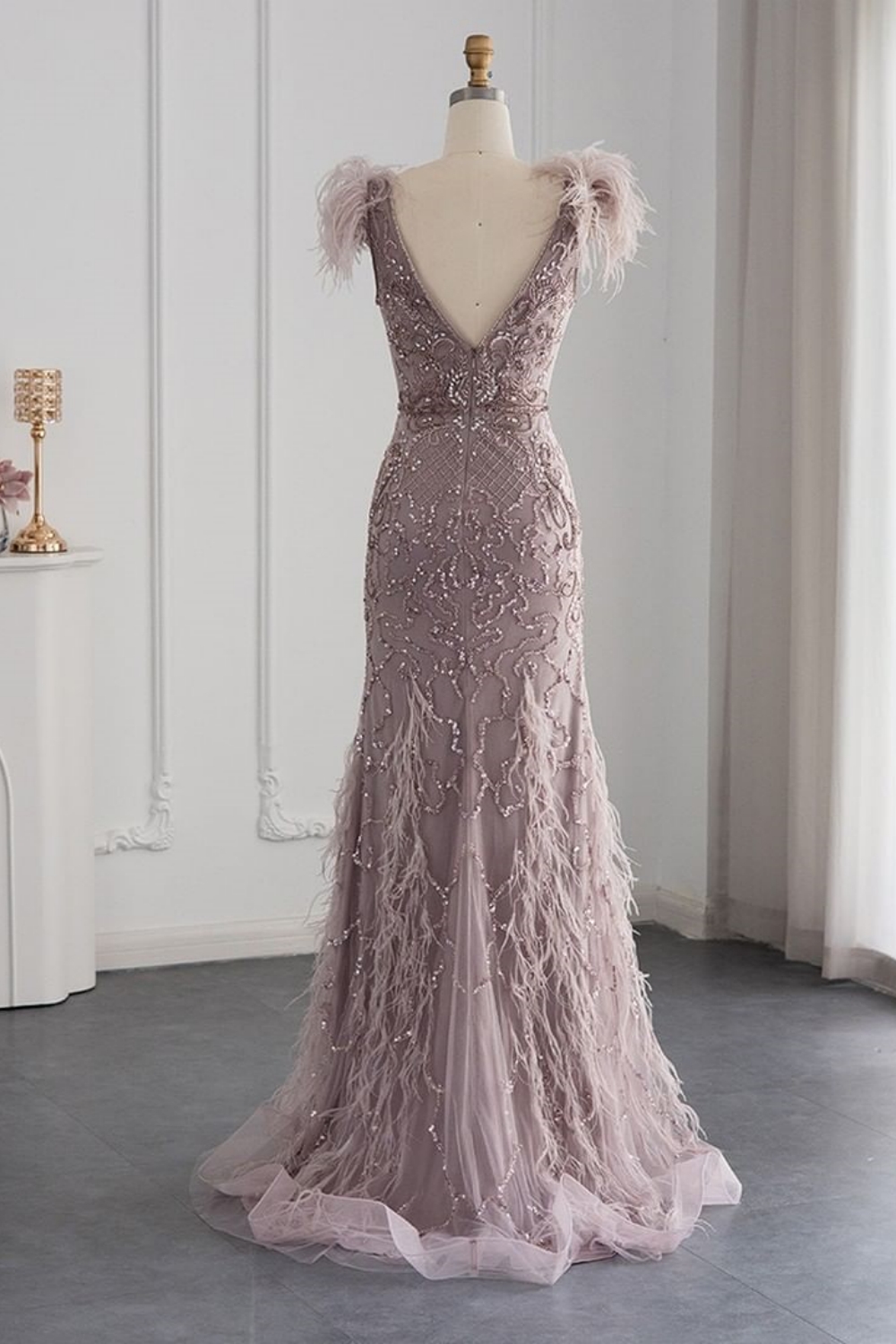 Bmbridal A-Line Taupe V-Neck Tulle Cap Sleeves Prom Dresses with Appliques